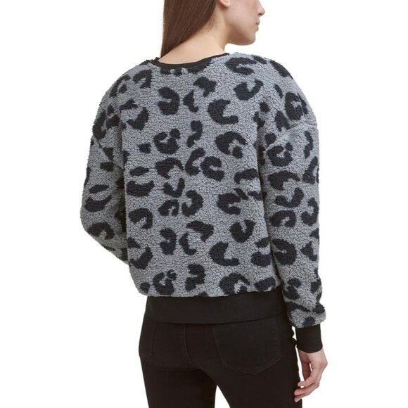 DKNY Womens Pullover Sweater Fleece Cropped Crewneck Animal Print Gray Black XS - Picture 2 of 3